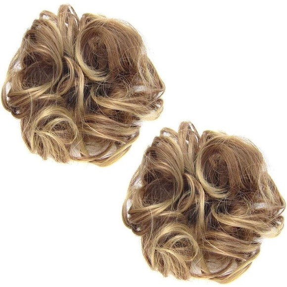 2 PCS Hair Bun Extensions Wavy Curly Messy Donut Chignons Brown & Golden Blonde - Picture 2 of 5